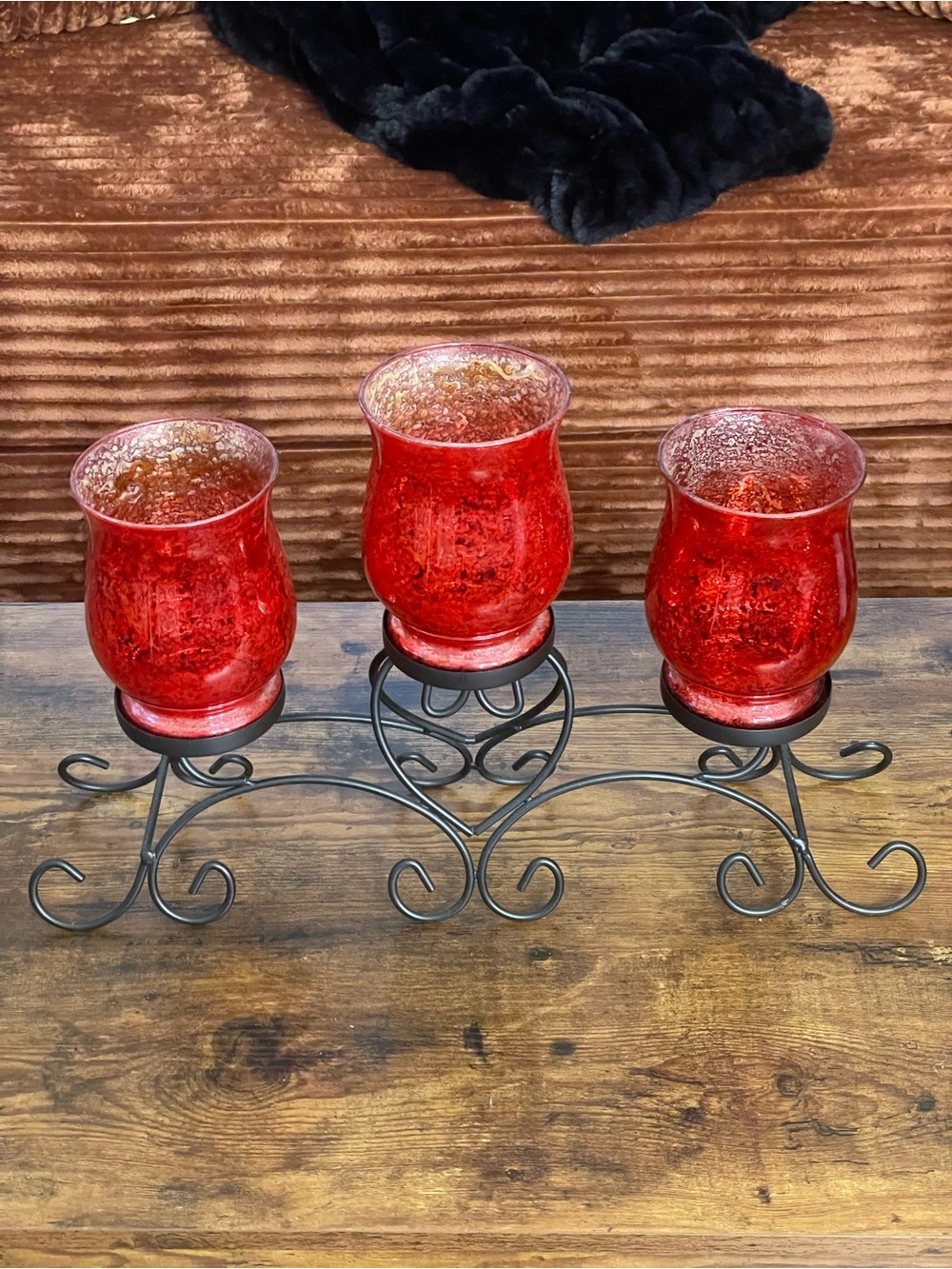 Candelabra Black Scroll Metal w/Metallic Red Glass Holders
